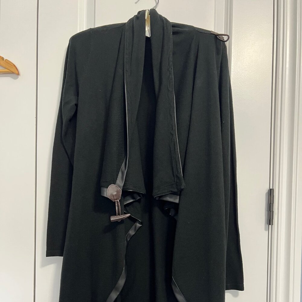 Venus Duster Long Cardigan Sweater - Black w/ Faux Leather Trim - Women's Medium